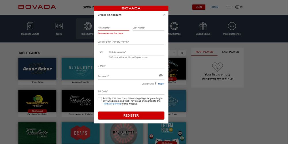 Bovada Registration