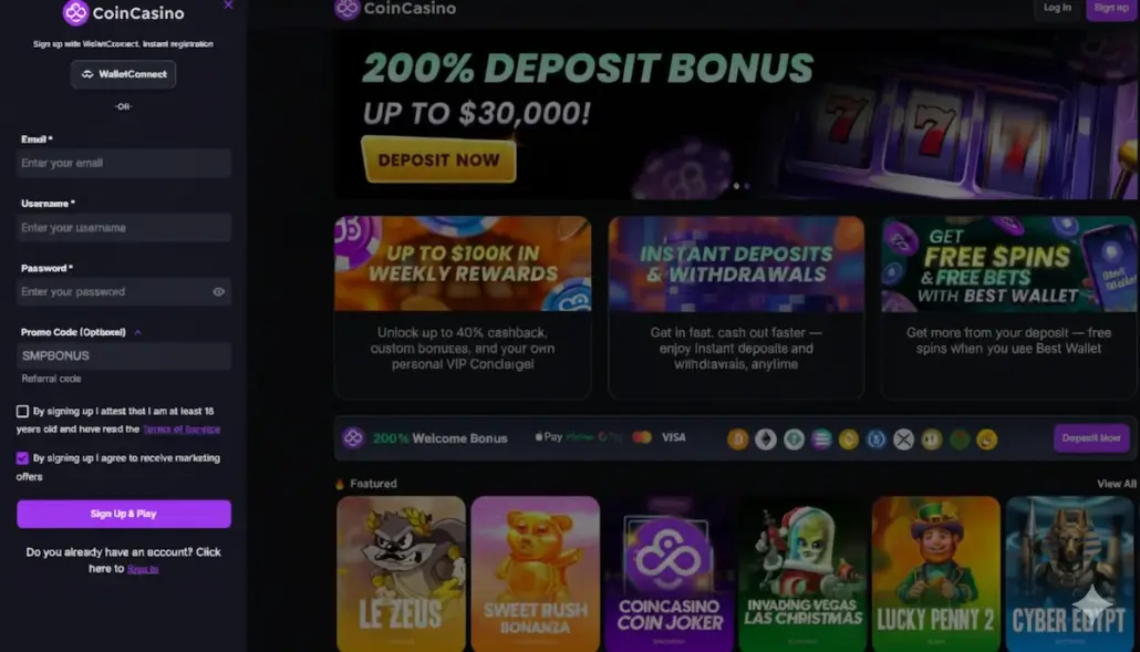How to use the CoinCasino promo code “SMPBONUS” - Registration Steps