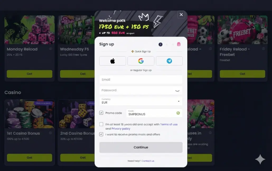 How to use the Starzino promo code “SMPBONUS”?
